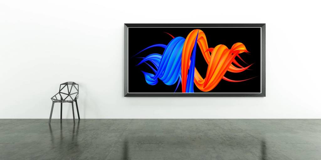 Abstraktes Bild Claw Whirl. Zwei ineinandergreifende plastische Wirbel in den Farben Blau und Orange. Dargestellt als Galeriedruck in einer Kunstgalerie.