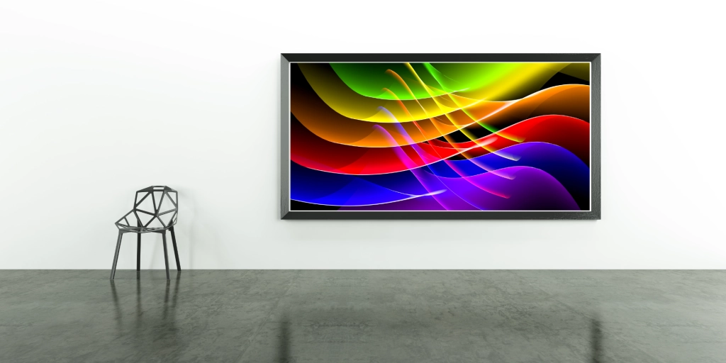 Farbenfrohes Bild Rainbow Wave. Eine Abstraktion eines Regenbogens, der in Wellen verläuft in den Farben des Regenbogens. Dargestellt als Galeriedruck in einer Kunstgalerie. Meine Bilder können online gekauft werden.