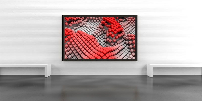 Bild Red Cubes. Geometrisches Design mit dreidimensionalen Würfeln in einem Farbverlauf von leuchtendem Rot zu mattem Grau. Dargestellt als Galeriedruck in einer Kunstgalerie.