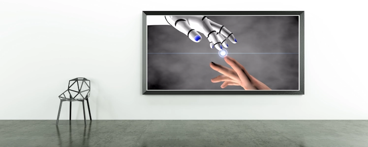 Das surreale Bild "Piece of Humanoid" greift das Thema Mensch und Maschine oder auch Roboter auf. Durch die rasante Entwicklung im Bereich der künstlichen Intelligenz wir dieses Thema mit seinen schier unendlichen Möglichkeiten immer spannender, es gibt jedoch auch immer kritische stimmen und Beispiele, welche nachdenklich machen. Dargestellt als Galeriedruck in einer Kunstgalerie