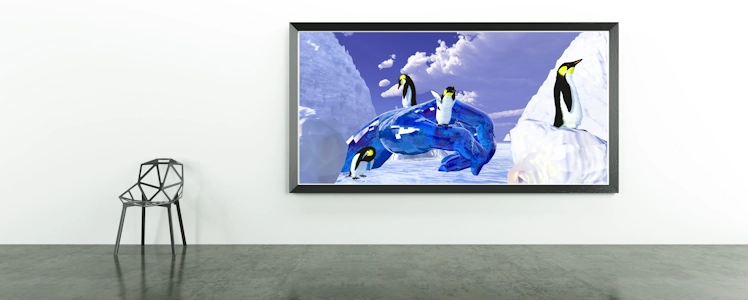 Das surreale Bild "Piece of Ice" soll auf den Klimawandel und seine Folgen hinweisen. Im Zuge des globalen Klimawandels erwärmt sich auch die Antarktis. In den letzten 50 Jahren stiegen die mittleren Jahrestemperaturen an der Antarktischen Halbinsel um 2,6°C. Einzig die Arktis, insbesondere Spitzbergen, erwärmt sich noch schneller. Dargestellt als Galeriedruck in einer Kunstgalerie